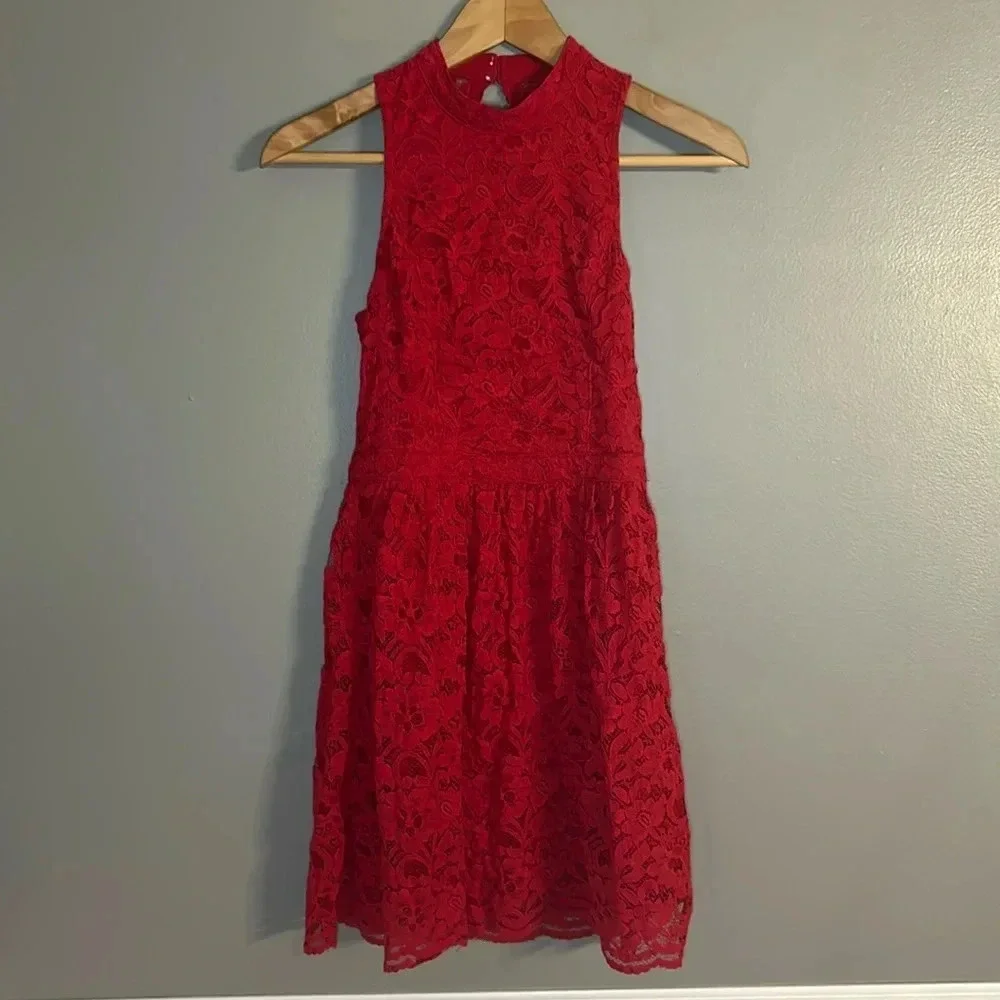 Hollister High-Neck Red Lace Dress, Sz XS, Fully Lined - Picture 2 of 11